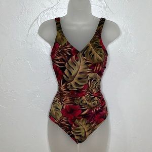 Miraclesuit floral v neck side gather Slimming one piece swimsuit size 12 EUC